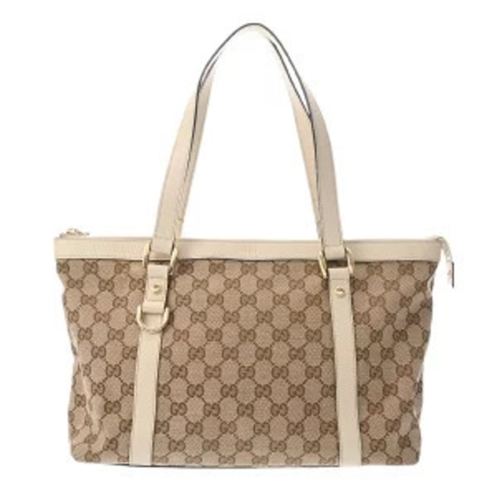 Gucci GG Canvas Beige Ebony White Leather Tote Bag